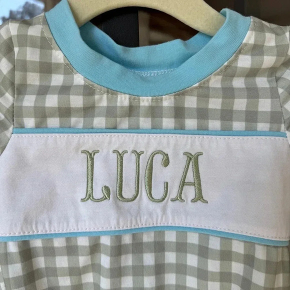 Luca onesie embroidered long sleeve romper gingham sage baby boy smock bubble - Picture 2 of 5